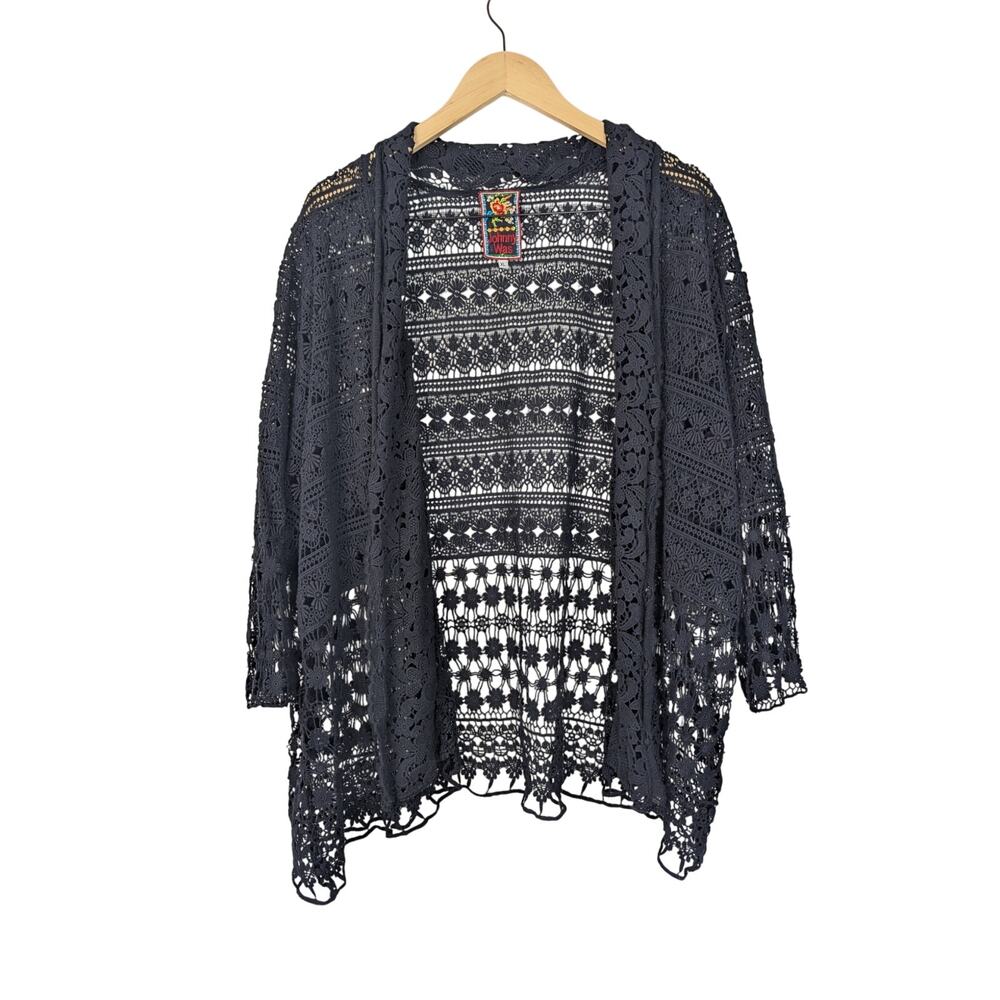 Johnny Was Black Crochet Open-Front Cardigan